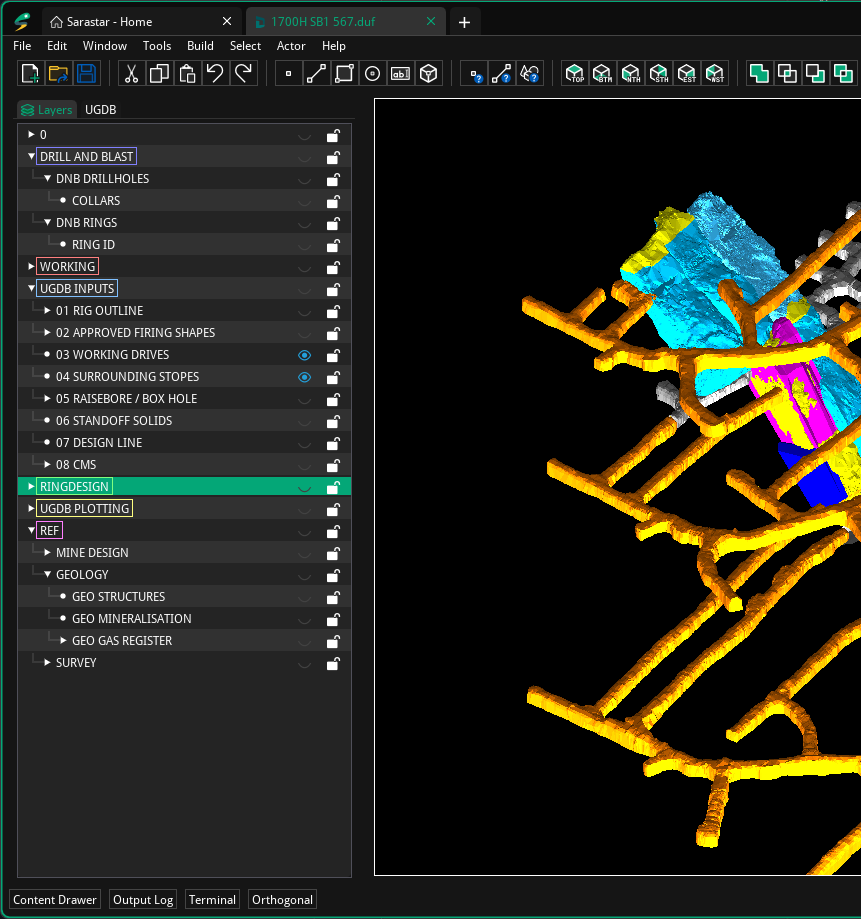 Sarastar mining CAD interface showing an underground mine model and project layers